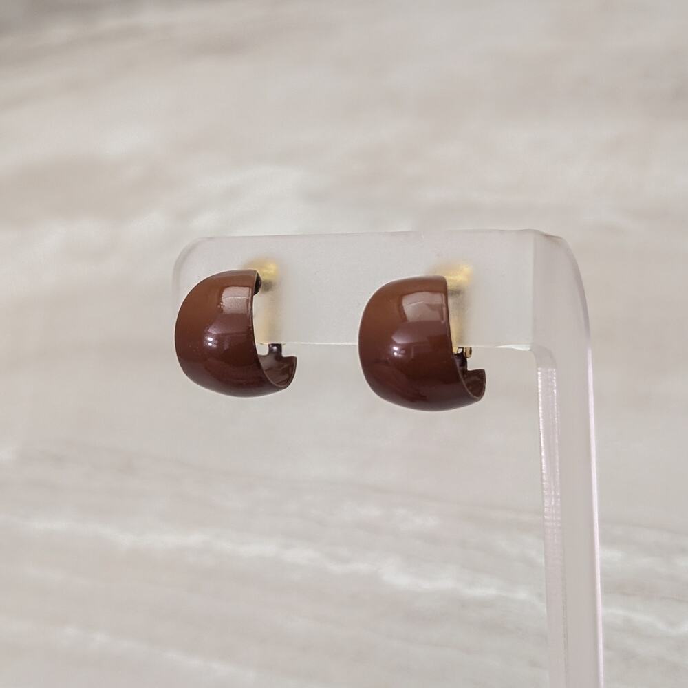 Vintage Clip On Earrings Retro Chunky Hoops 0.75" Rich Brown - Small Paint Chips